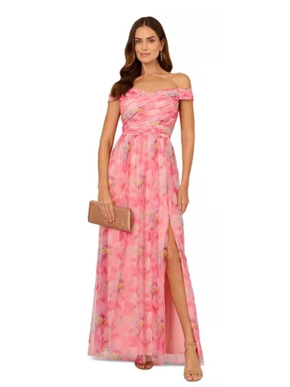 NWT Adrianna Papell Off-the-Shoulder Floral Tulle Pink Gown Size US 8 $300 [jb]